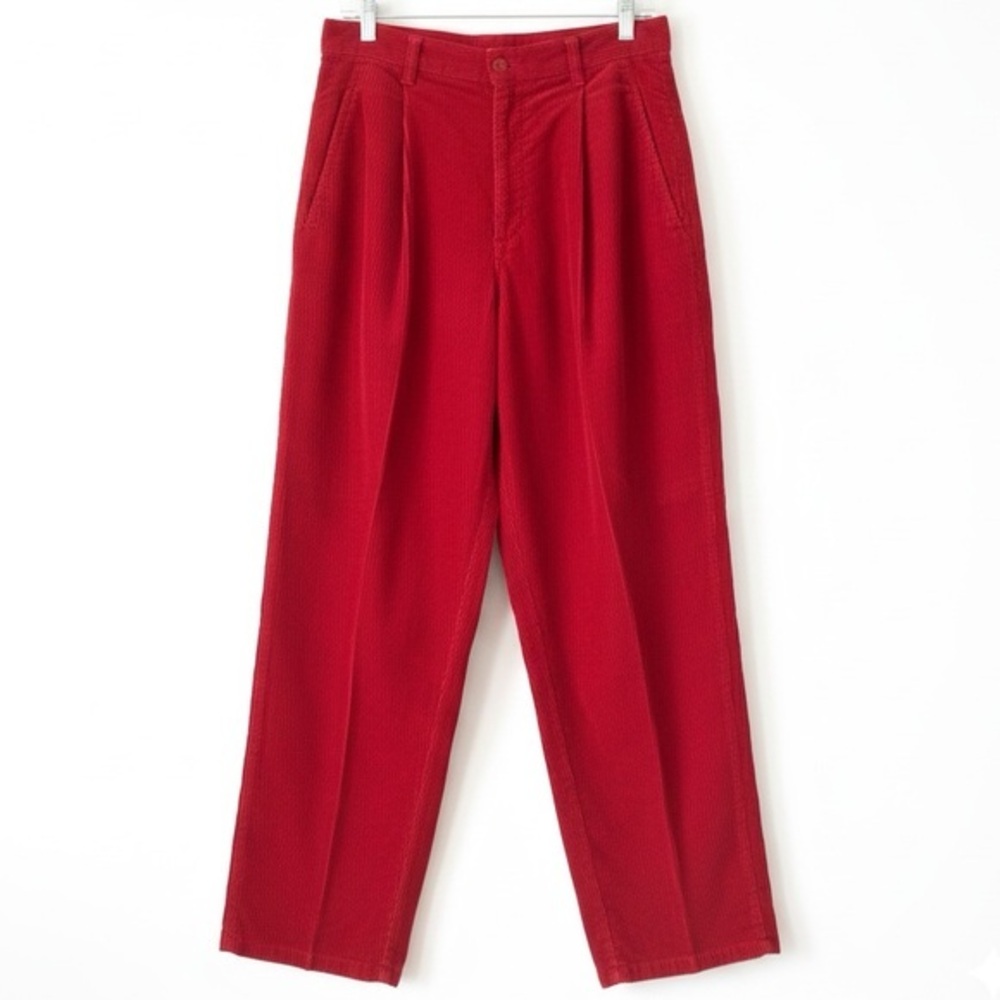 Vintage Benetton Red Corduroy Trousers High Waist Pleated Tapered Leg Size 8 US